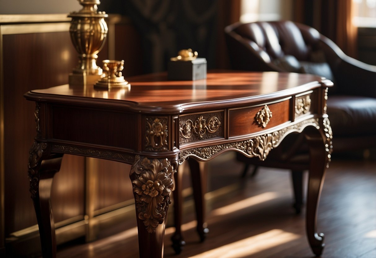 A sleek, mahogany desk stands in a sunlit room, adorned with intricate carvings and polished brass hardware. Plush velvet upholstery covers a matching armchair, exuding opulence and elegance