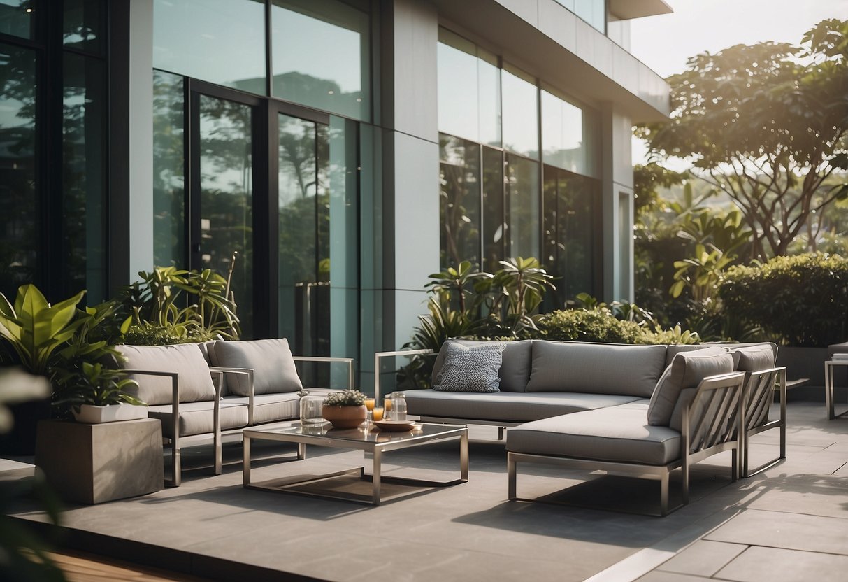 A modern outdoor setting with sleek aluminium furniture in a sunny garden in Singapore