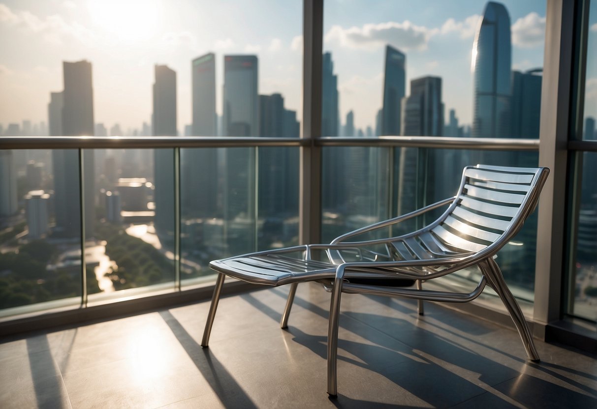 A sleek aluminium chair sits on a modern balcony overlooking the city skyline of Singapore. The sunlight reflects off its smooth surface, highlighting its contemporary design