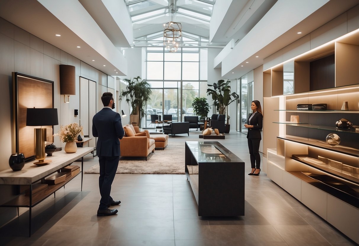 A sleek, modern showroom filled with elegant, high-end furniture. Shelves display designer decor, while a helpful staff member assists a customer