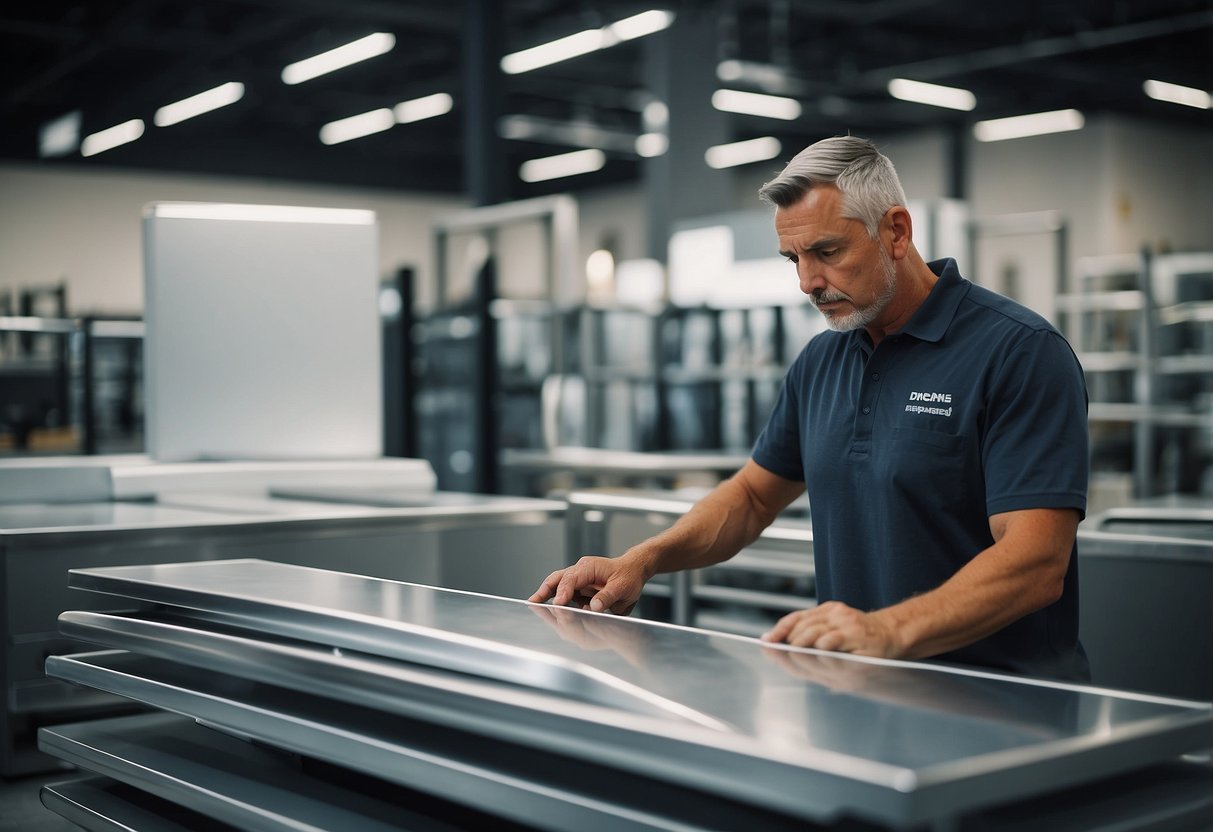 A customer selecting and customizing aluminum furniture at a showroom with various options and finishes available