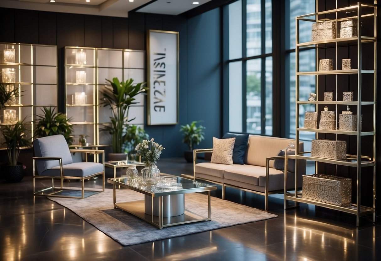 A showroom displaying various aluminium furniture pieces with a sign reading "Frequently Asked Questions" in Singapore