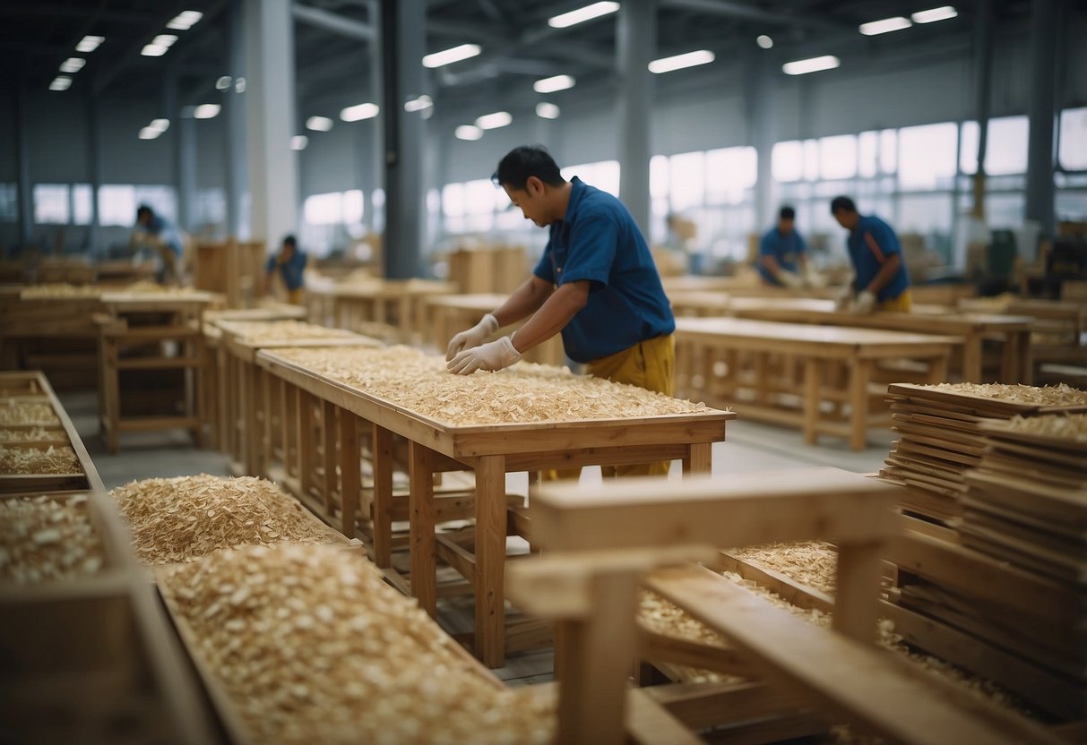 Machines hum as workers assemble wooden chairs in a brightly lit Singapore furniture factory. Wood shavings litter the floor