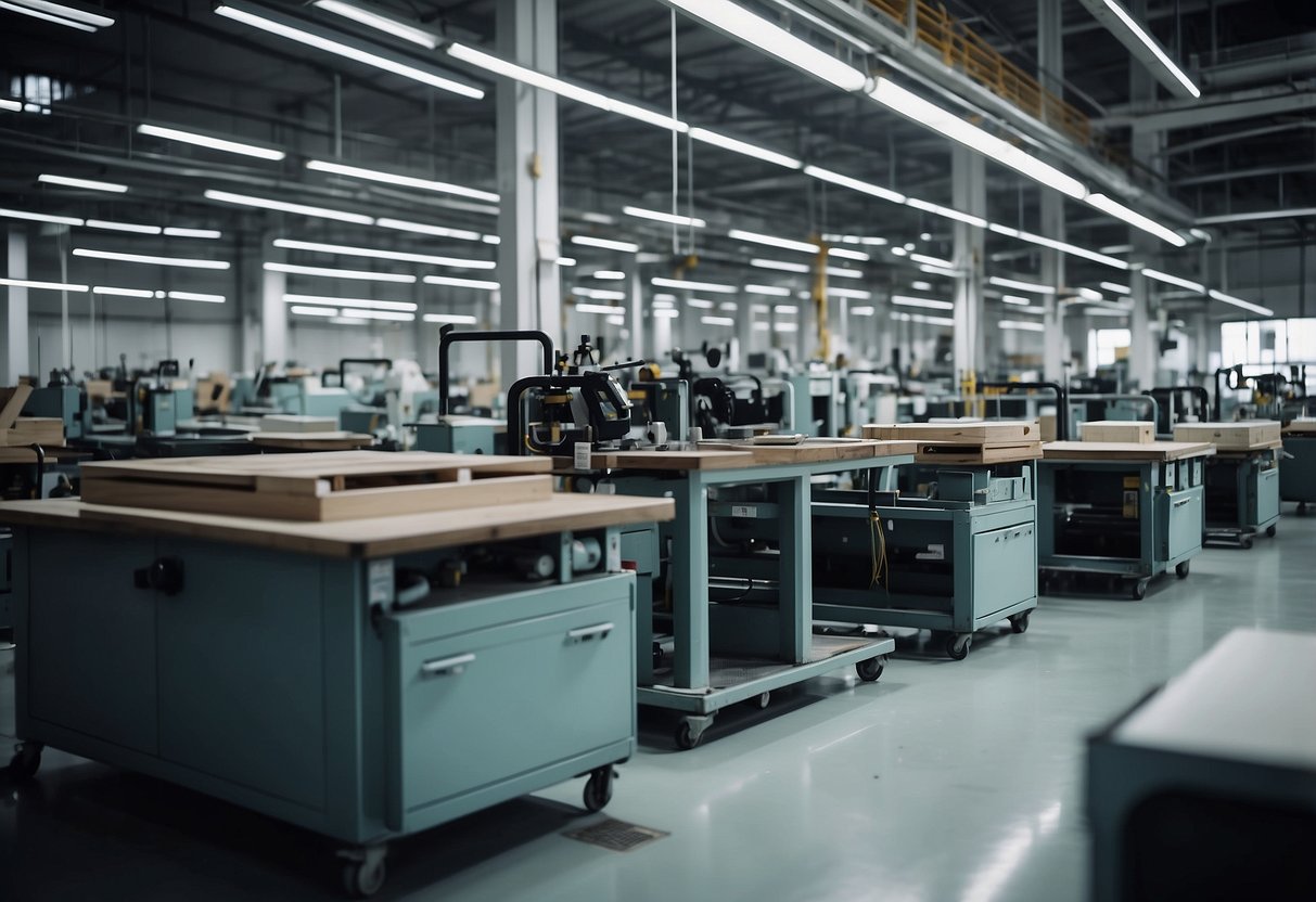 Machinery hums as workers assemble sleek furniture in a modern Singapore factory. Raw materials line the floor, while finished products stack neatly