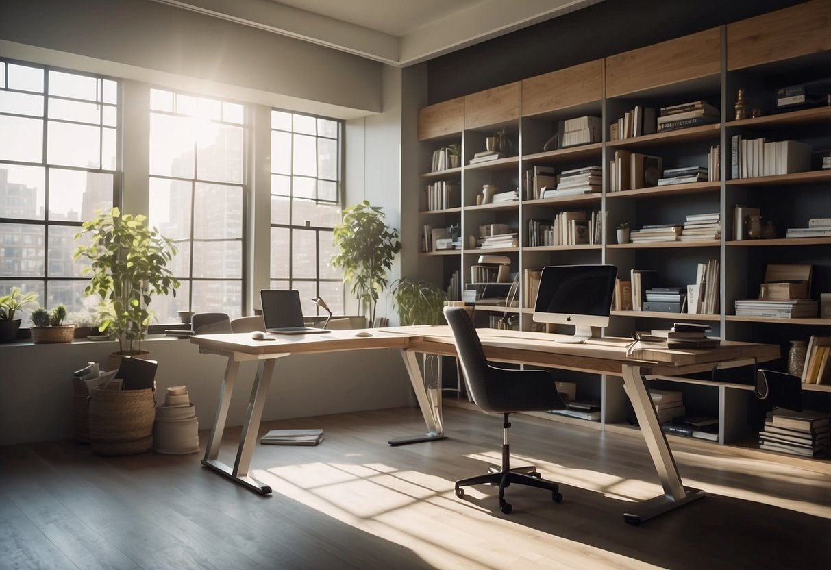 A modern, minimalist workspace with a drafting table, computer, and shelves of design books and materials. Bright natural light streams in through large windows, illuminating the clean, organized space
