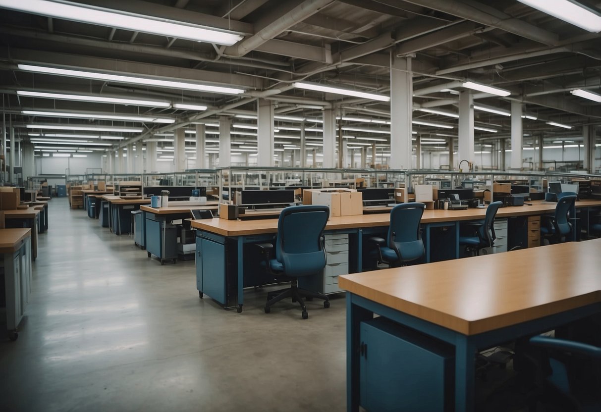 A spacious and well-lit furniture factory with rows of neatly organized workstations and shelves filled with various materials and finished furniture pieces