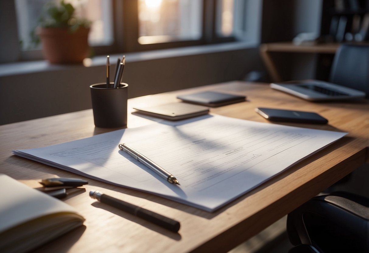 A furniture designer's CV lies on a sleek, modern desk, surrounded by design sketches, a ruler, and a pencil. The room is filled with natural light, casting a warm glow on the scene