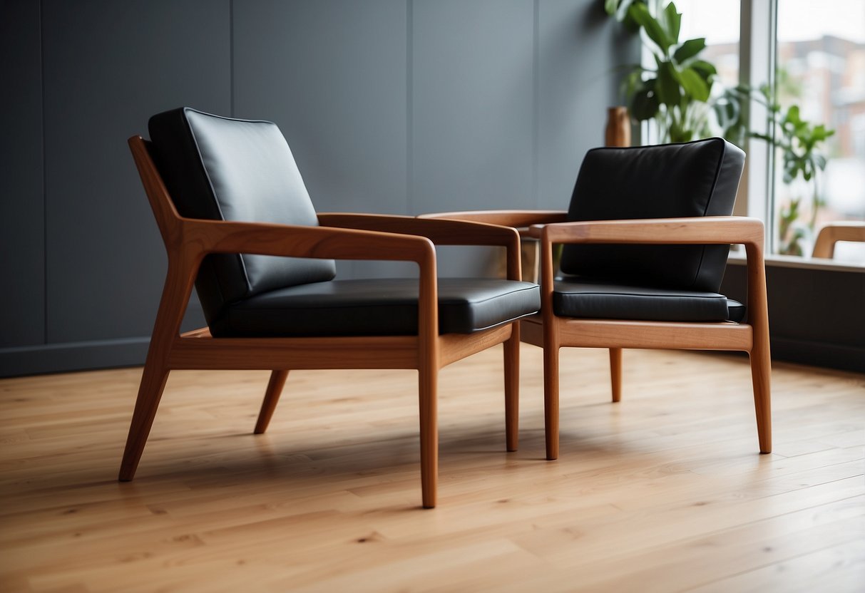 A sleek Danish teak chair sits beside a matching coffee table, both showcasing clean lines and warm wood tones