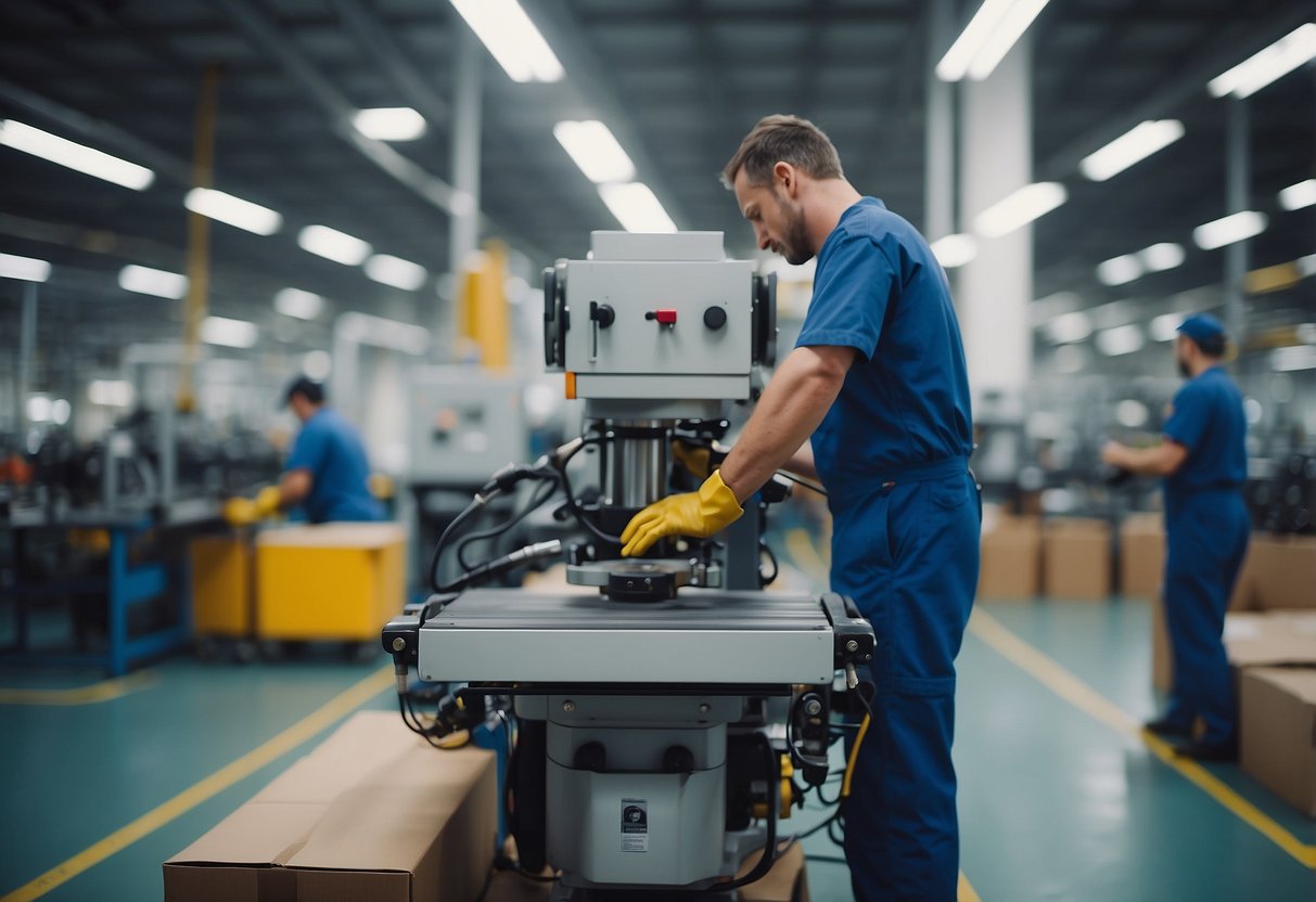 Machines hum in a spacious, well-lit factory. Workers assemble and package furniture with precision. Materials and finished products line the shelves