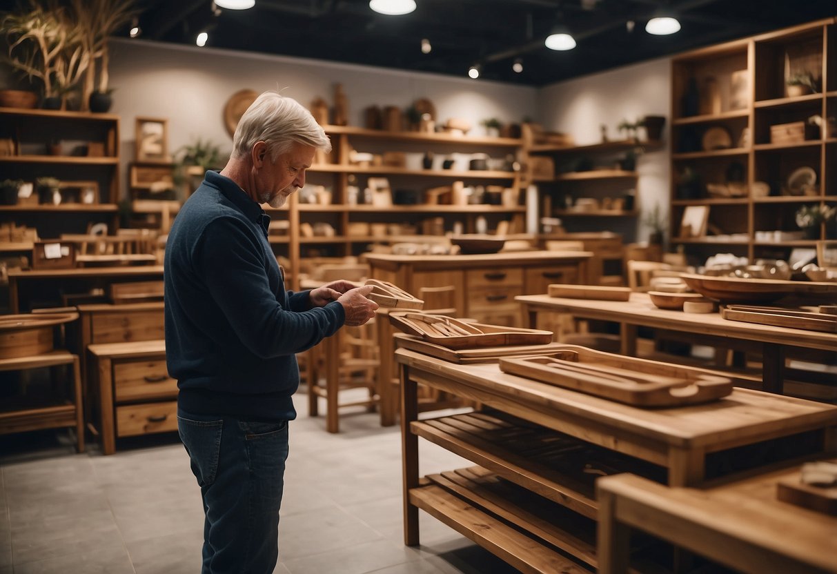 A person carefully selecting and purchasing teak furniture from a Danish store, surrounded by beautifully crafted teak treasures