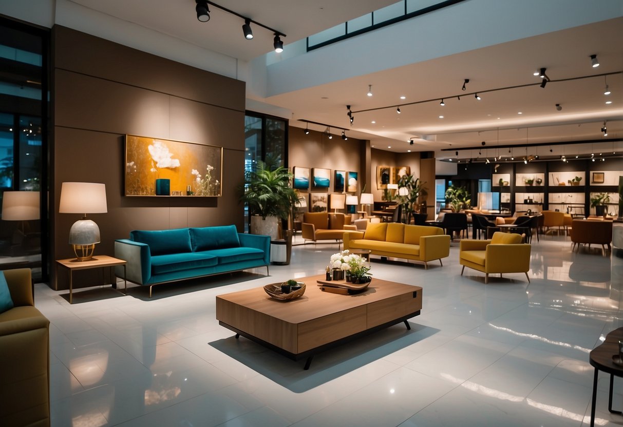 A spacious furniture gallery in Tampines, filled with modern and classic pieces. Bright lighting highlights the clean lines and vibrant colors of the furniture on display