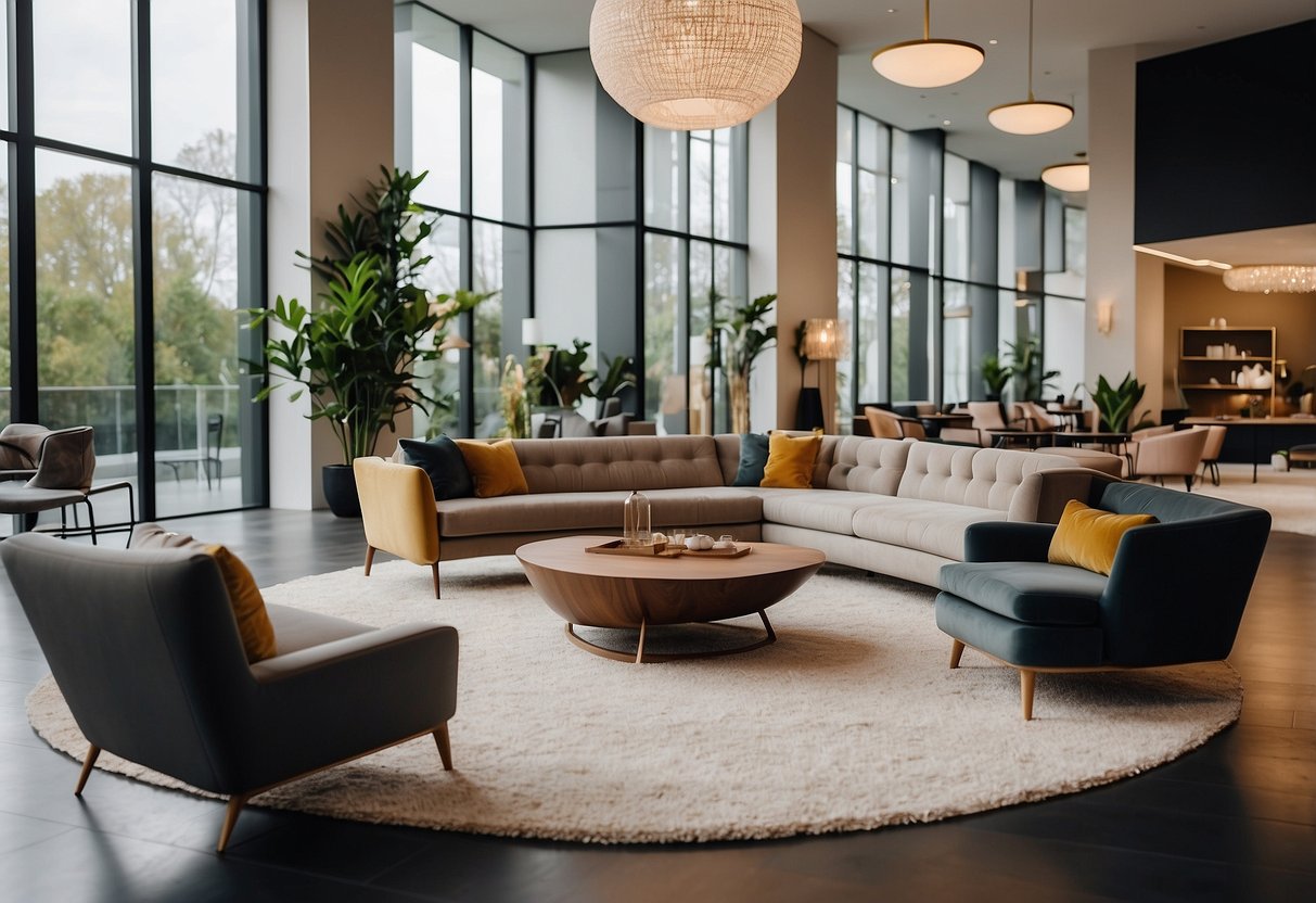 A spacious showroom with modern furniture displays. Natural light floods the room, highlighting the sleek lines and elegant designs. Rich textures and vibrant colors create an inviting atmosphere for customers to explore