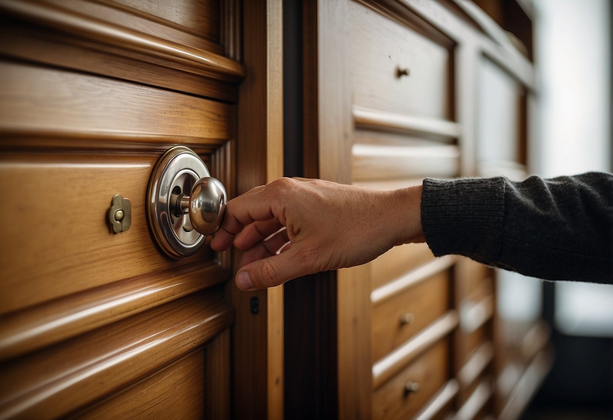 A hand reaches for a silver furniture latch on a wooden cabinet