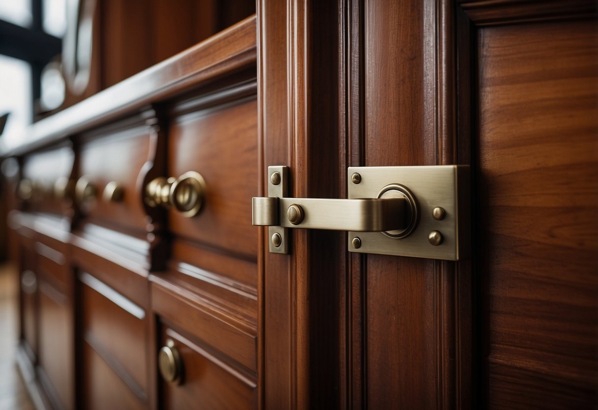 A wooden cabinet with a metal latch secured on the door. A leather sofa with a latch on the armrest. A metal latch on a mahogany dresser drawer