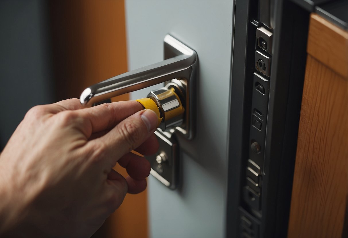 A hand reaches for a furniture latch, installing and adjusting it with a screwdriver. Maintenance tools and spare parts are scattered nearby
