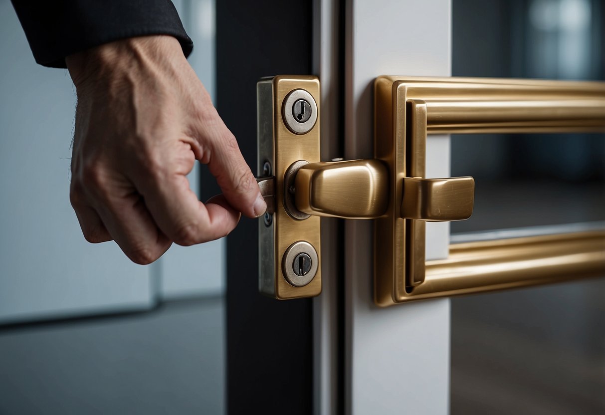 A furniture latch being opened and closed repeatedly with a hand