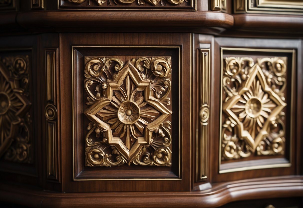 Decorative wood mouldings adorn the edges of a vintage cabinet, featuring intricate floral and geometric designs