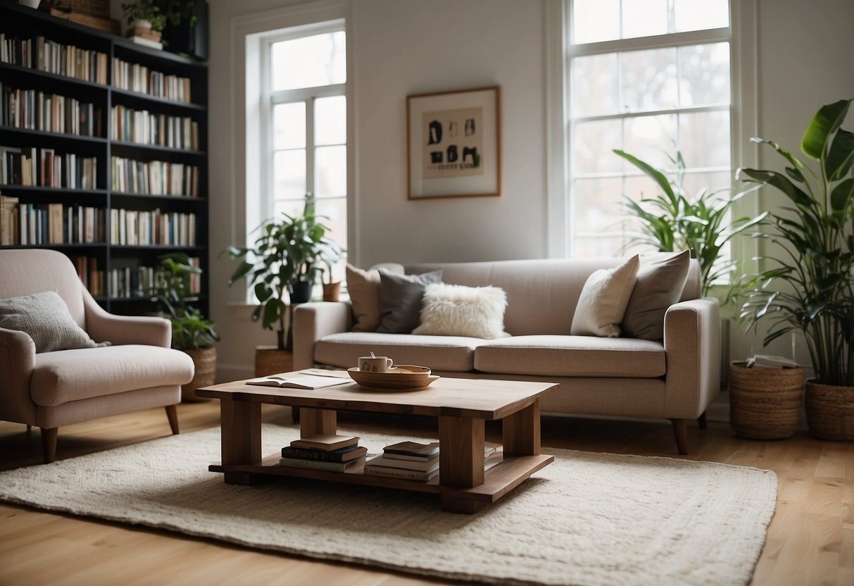 A cozy living room with a plush sofa, wooden coffee table, and a bookshelf filled with books. A soft rug lies on the floor, and a potted plant sits in the corner