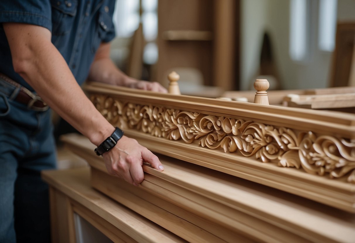 A person selects and installs decorative wood mouldings onto furniture