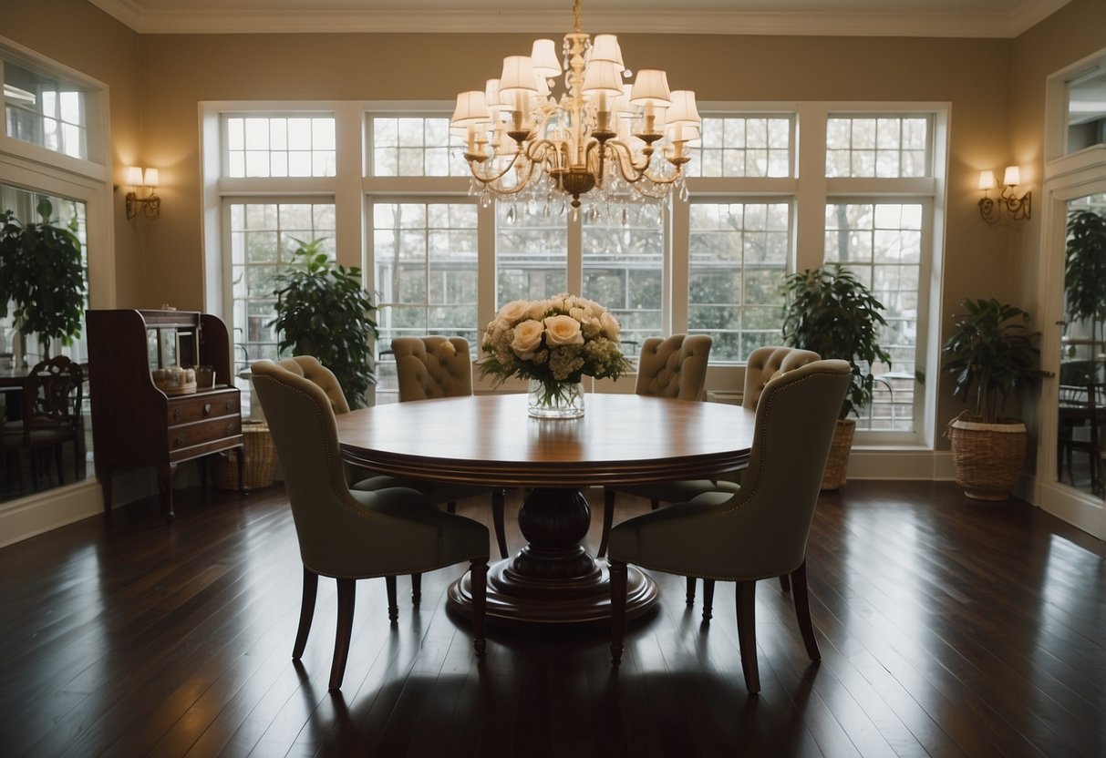 A dining table is centered in the room, surrounded by four chairs. A buffet table sits against one wall, with a large mirror above it. A chandelier hangs from the ceiling above the table