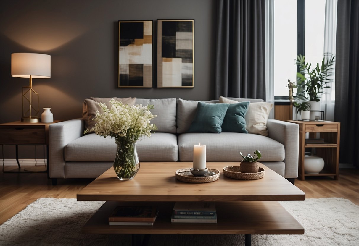 A living room with a sofa, coffee table, and bookshelf. A dining area with a table and chairs. A bedroom with a bed, nightstand, and dresser