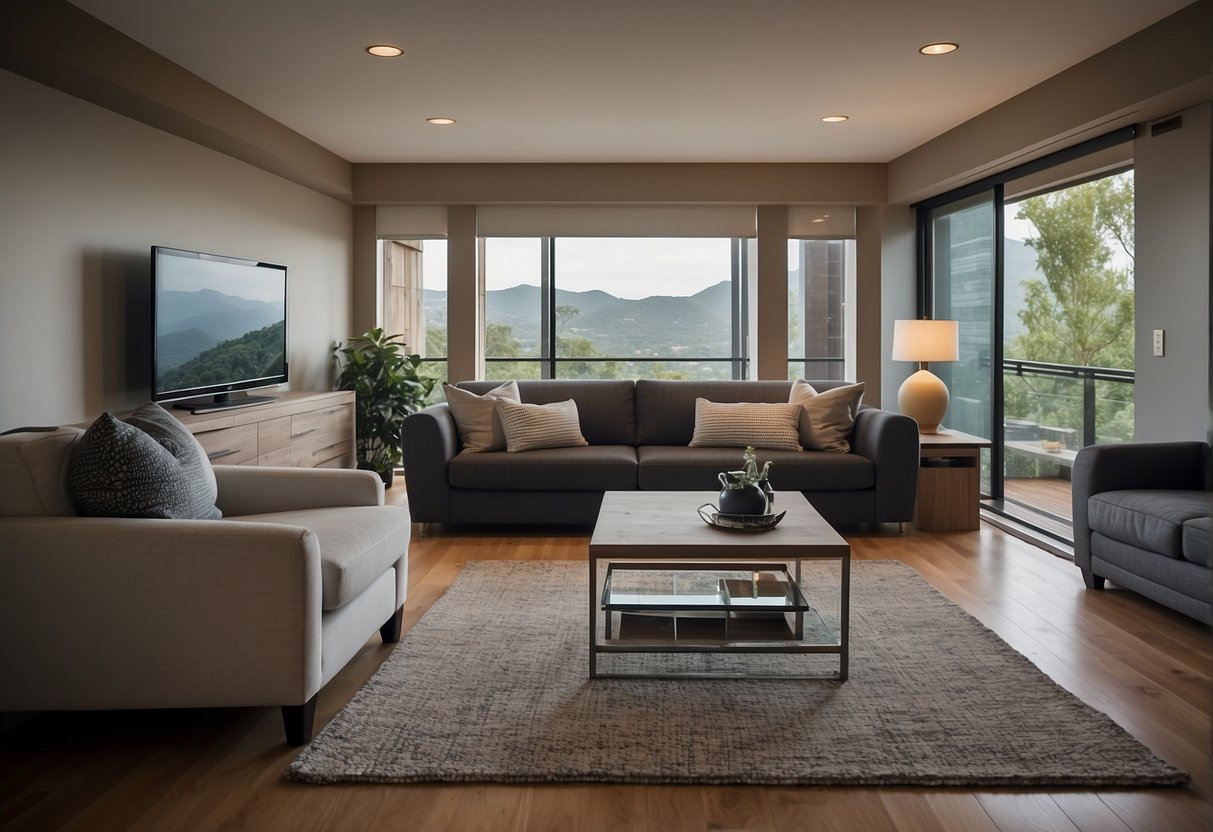 A living room with a sofa, coffee table, and TV. A dining room with a table and chairs. A bedroom with a bed, nightstand, and dresser