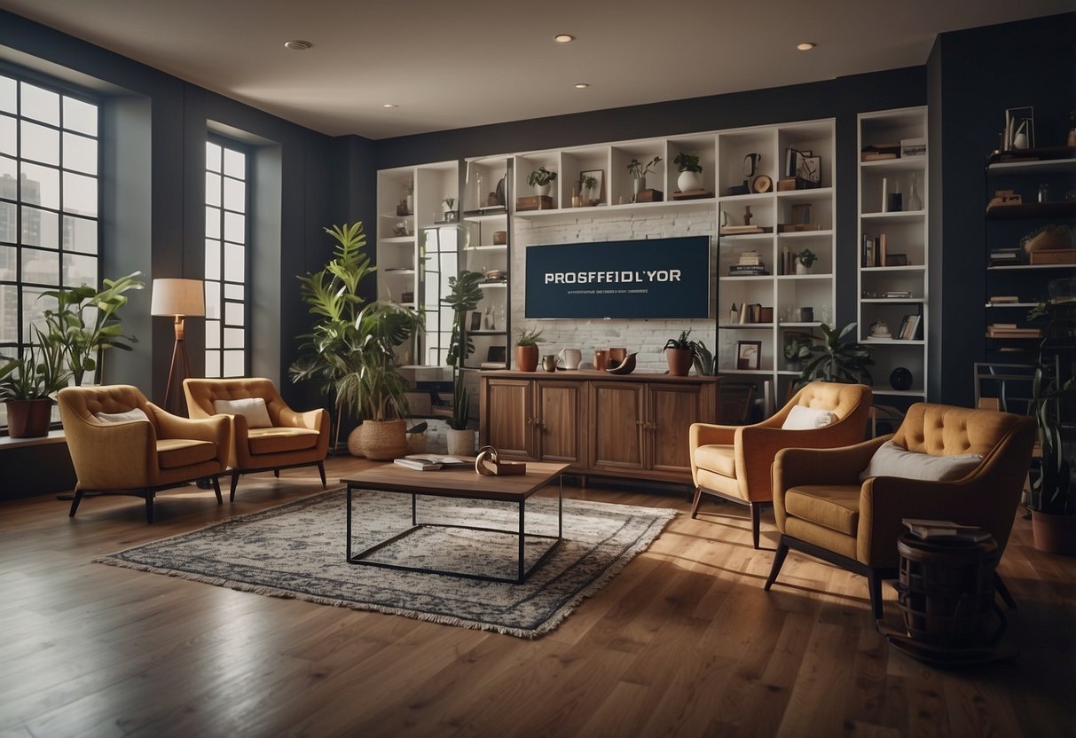 A room with various pieces of furniture labeled "Frequently Asked Questions" in English