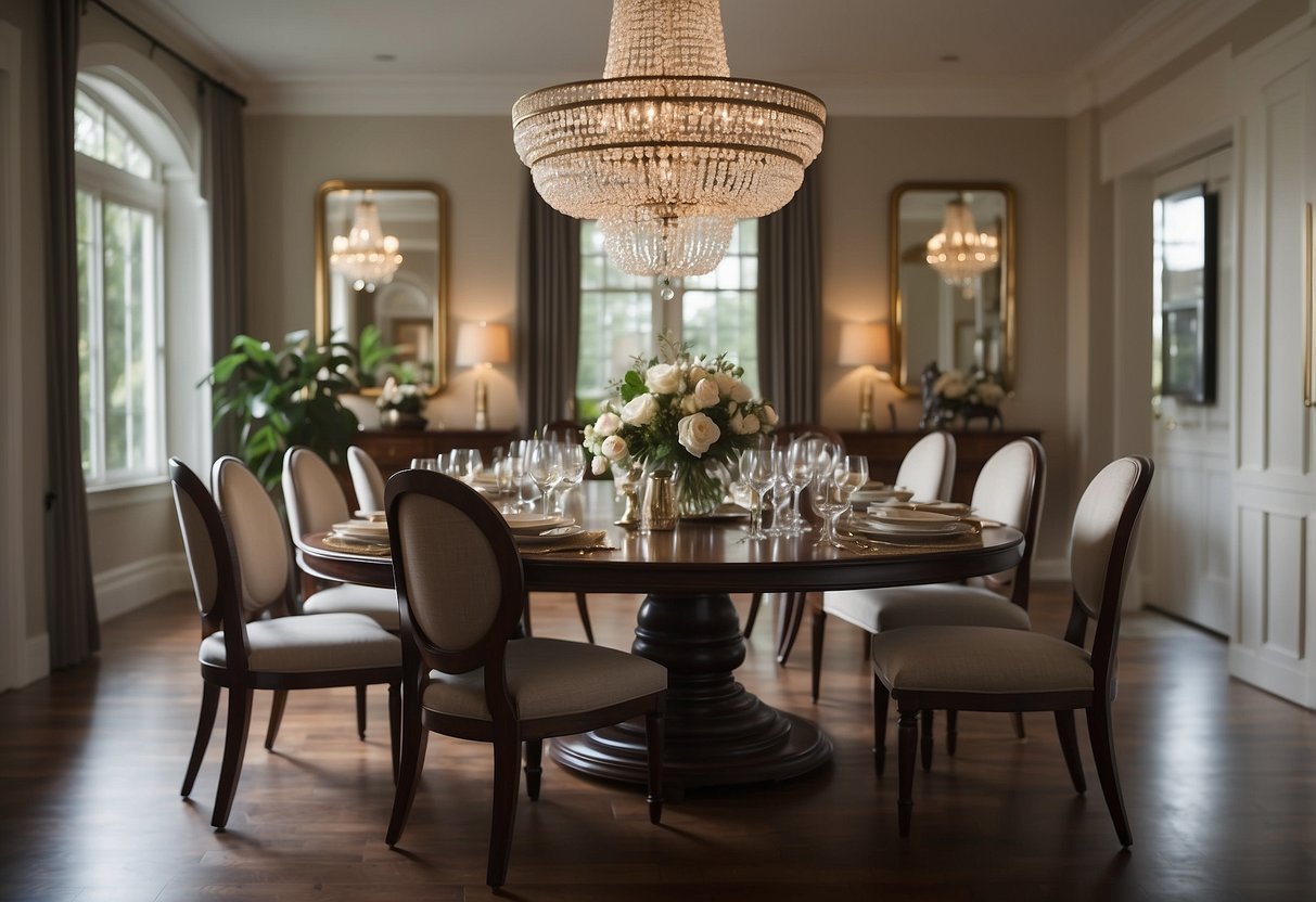 A dining table is centered in the room, surrounded by chairs. A buffet or sideboard is placed against one wall, with a chandelier hanging above the table