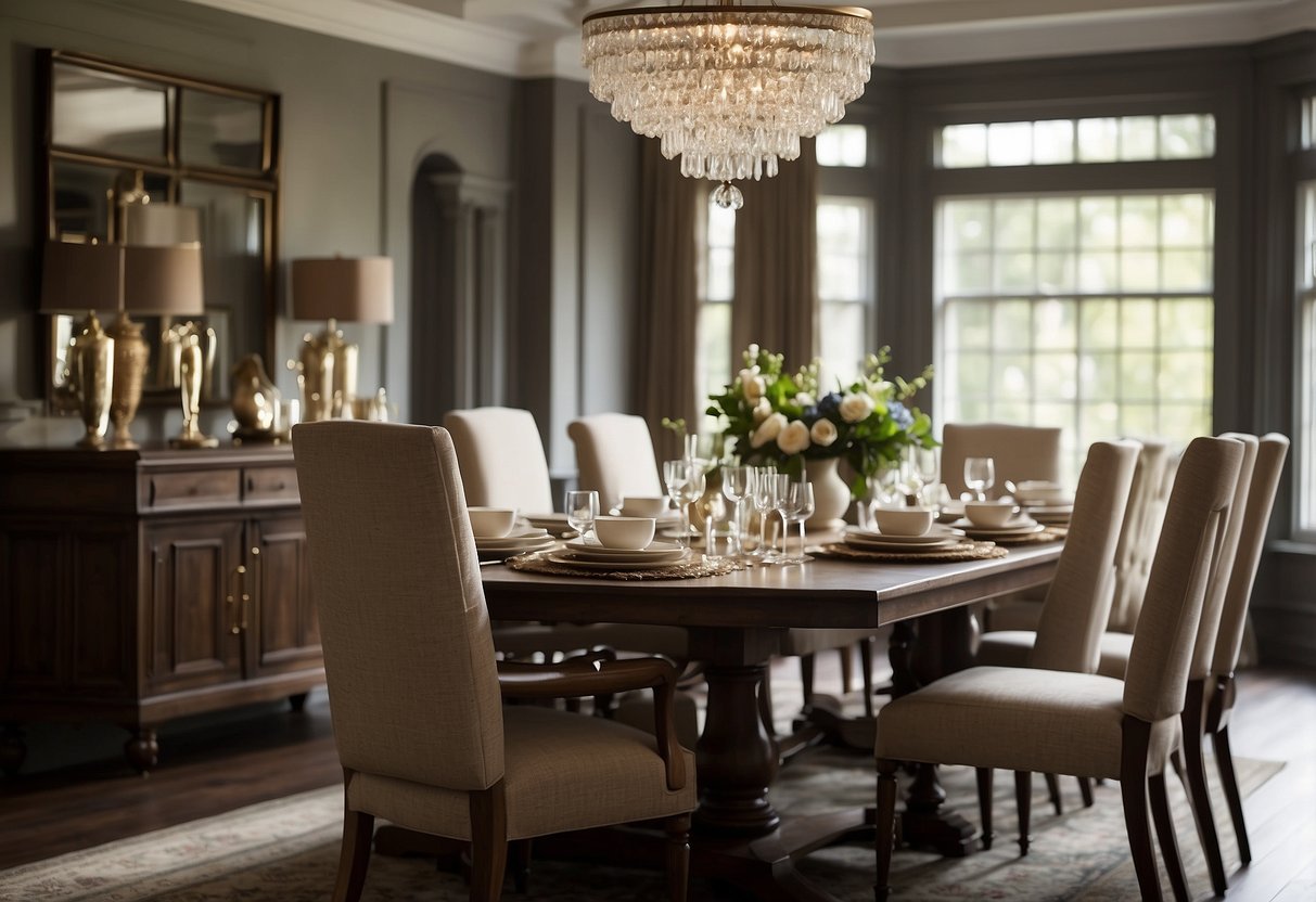 A dining table with chairs arranged neatly, a chandelier hanging above, and a sideboard with decorative accessories