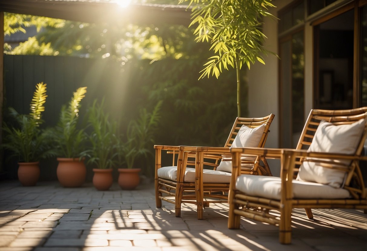 A bamboo chair and table sit on a patio. Sunlight filters through the leaves, casting dappled shadows on the natural, handcrafted furniture