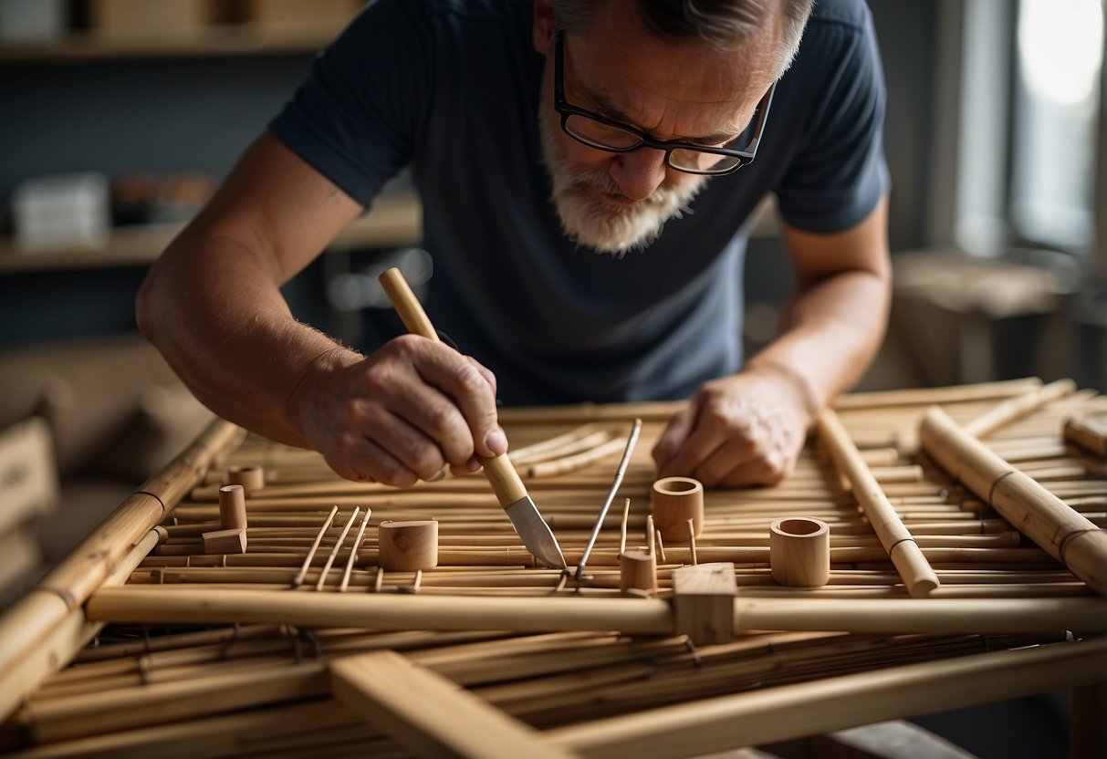 A person assembling bamboo furniture using tools and following step-by-step instructions