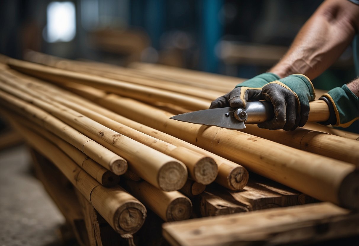 Bamboo poles are being cut and shaped with saws and drills to create DIY furniture