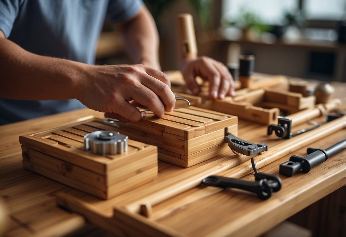 A person assembling bamboo furniture with tools and instruction manual nearby