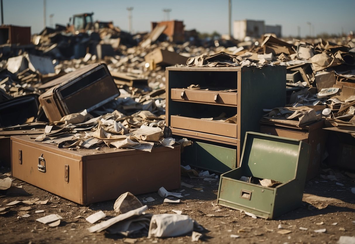 Old furniture dumped in a landfill, surrounded by other discarded items. Dust and debris cover the pieces, showing signs of wear and tear
