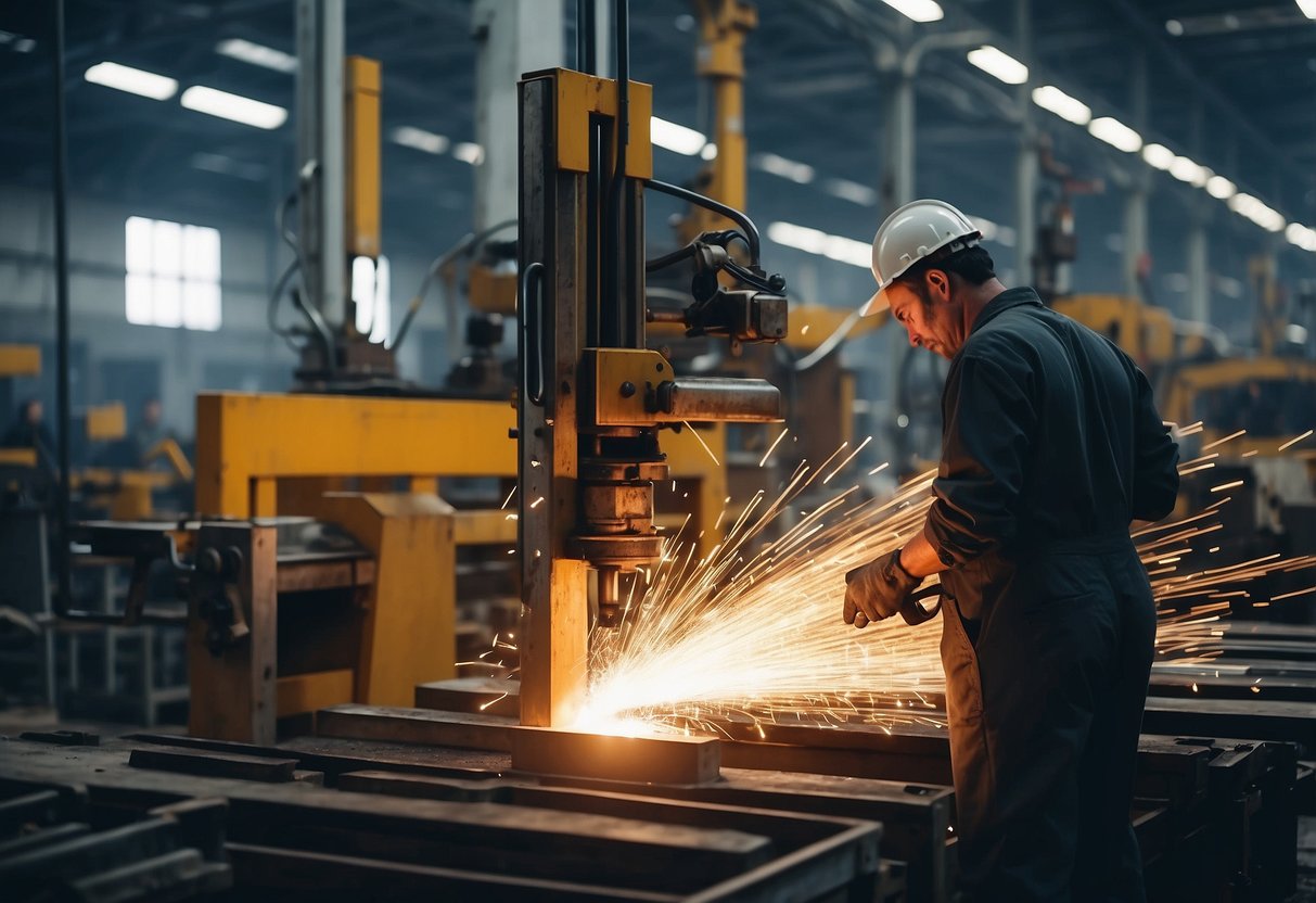 The factory hums with activity as workers assemble iron bed frames and furniture pieces. Machinery whirs and clanks, while sparks fly from welding stations. Raw materials are stacked high, ready to be transformed into elegant, durable pieces
