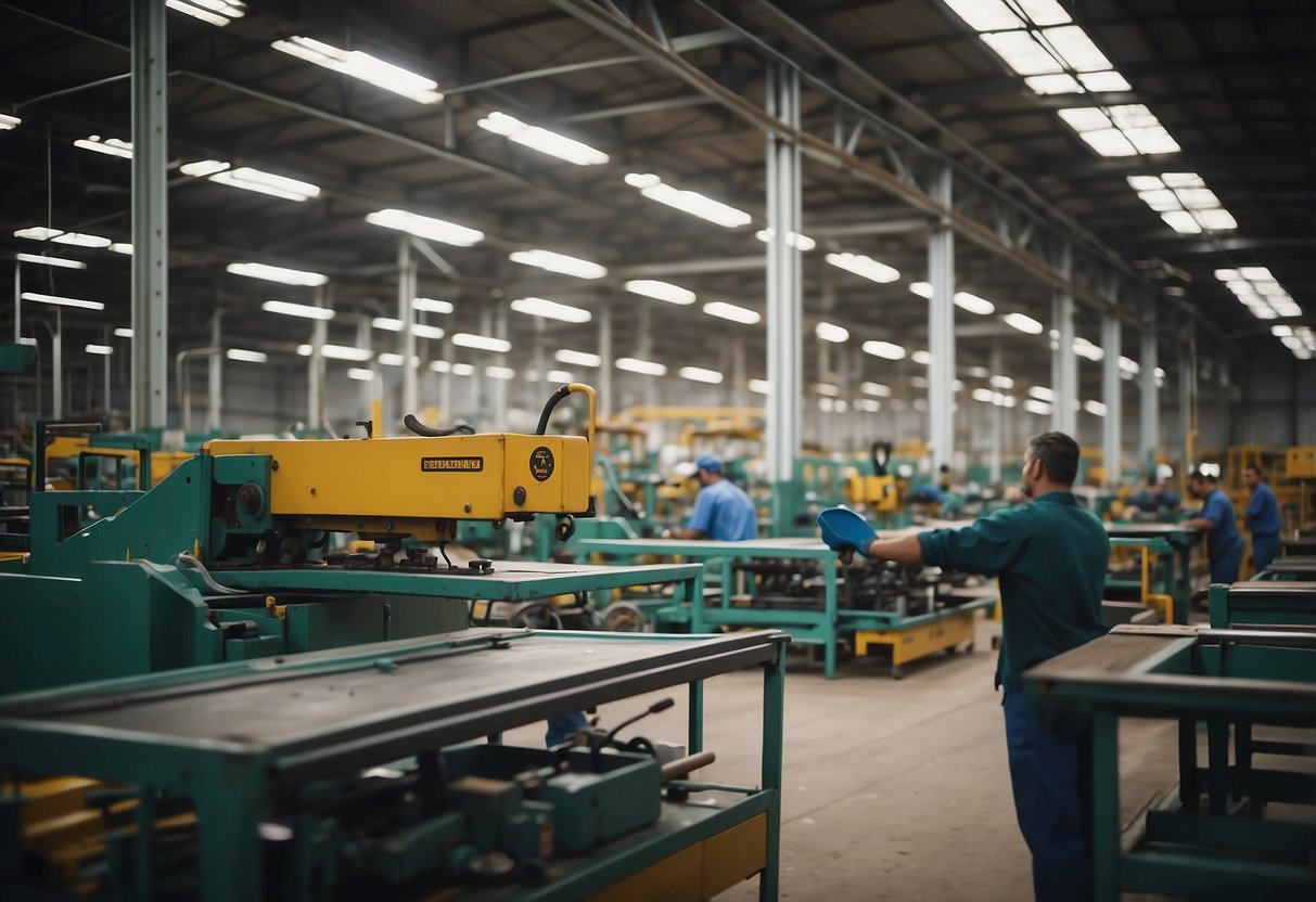 A bustling iron bed and furniture factory with workers assembling and painting products on the production line. Materials and tools are neatly organized throughout the spacious workshop