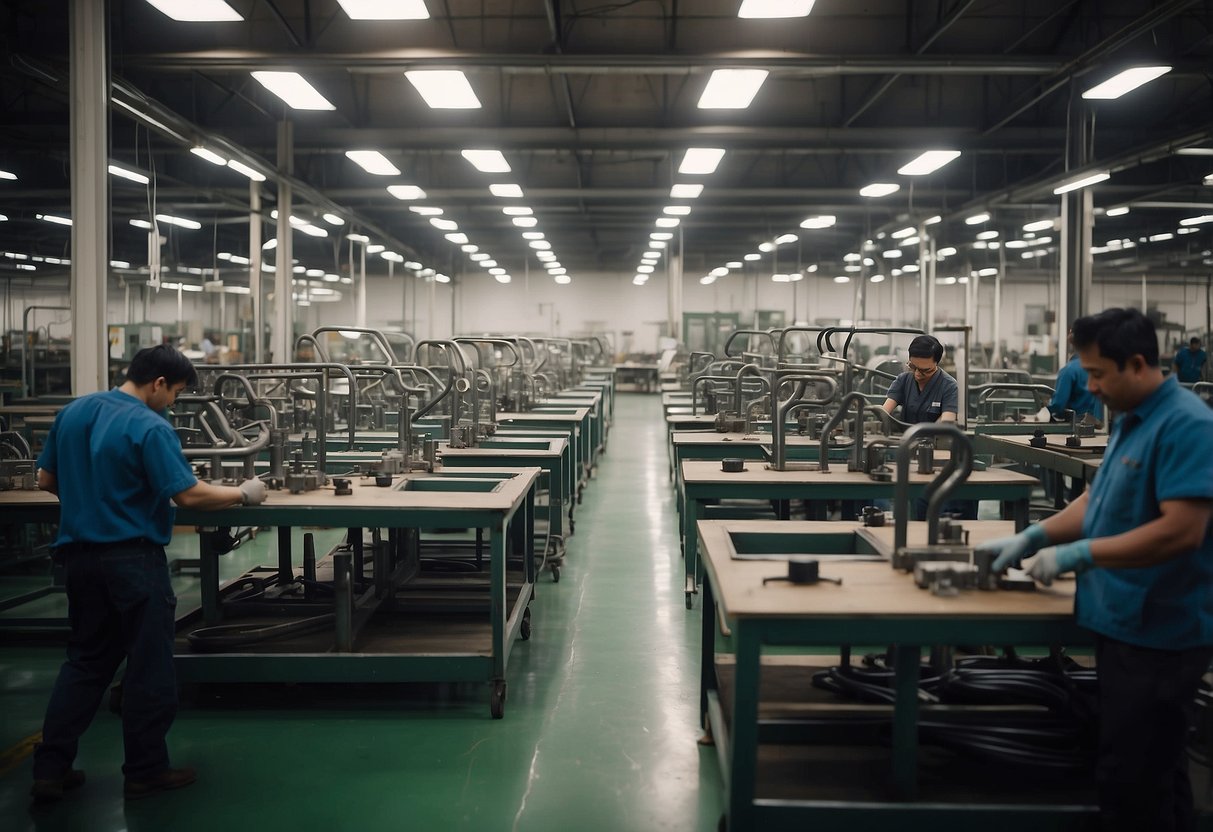 The factory buzzes with workers assembling iron bed frames and furniture. Machinery hums as raw materials are transformed into finished products