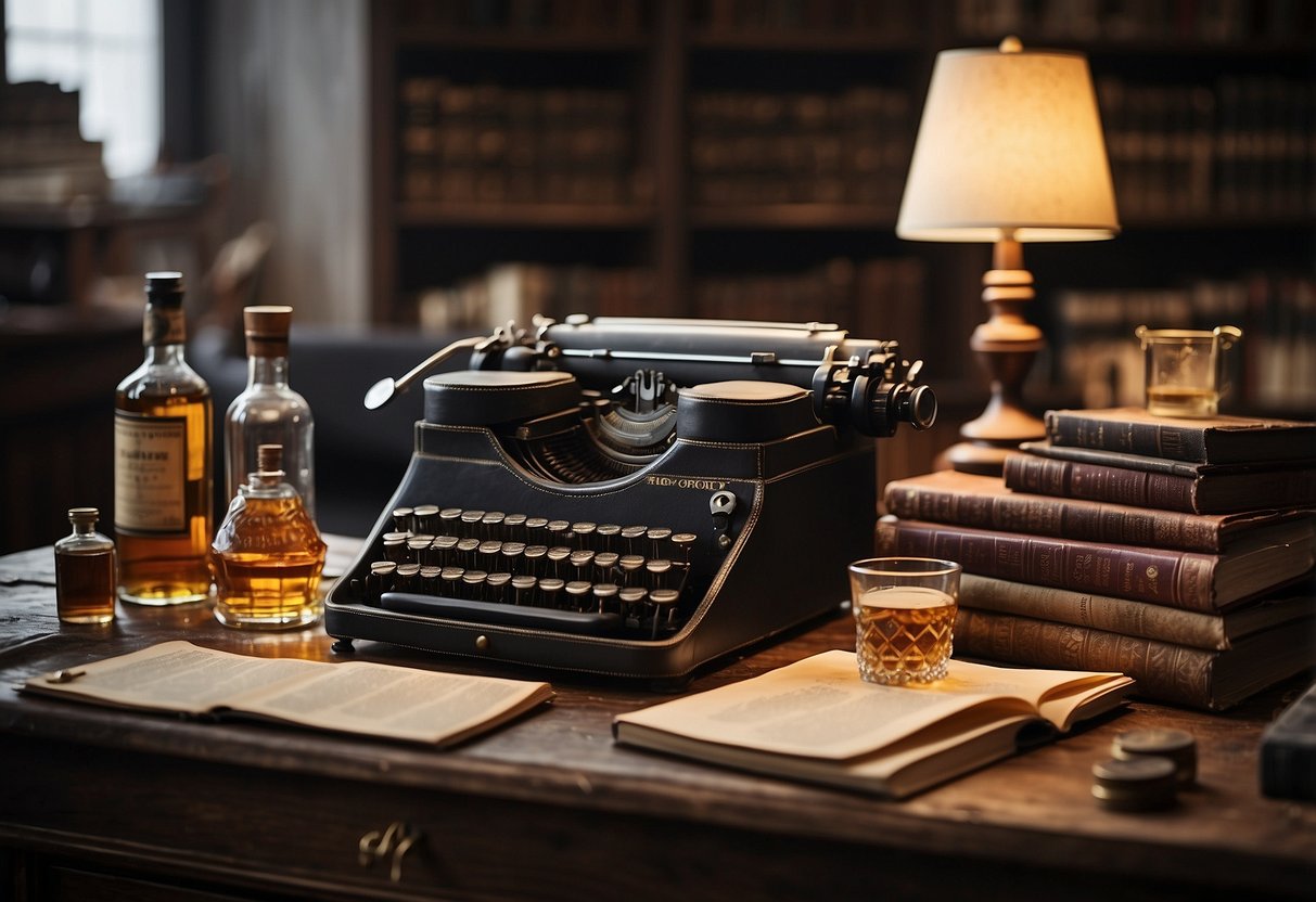 A cluttered desk with a typewriter, empty whiskey bottles, and scattered papers. A worn leather armchair, a bookshelf filled with old books