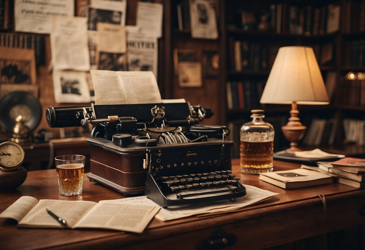 A cluttered writing desk with a typewriter, books, and a glass of whiskey. A bullfighting poster and safari artifacts adorn the walls