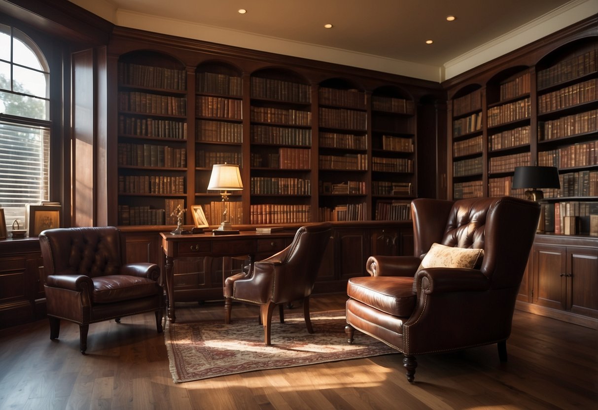 A cozy study with leather armchairs, a wooden writing desk, and bookshelves filled with classic novels. Sunlight streams through the window, casting a warm glow on the rich, mahogany furniture