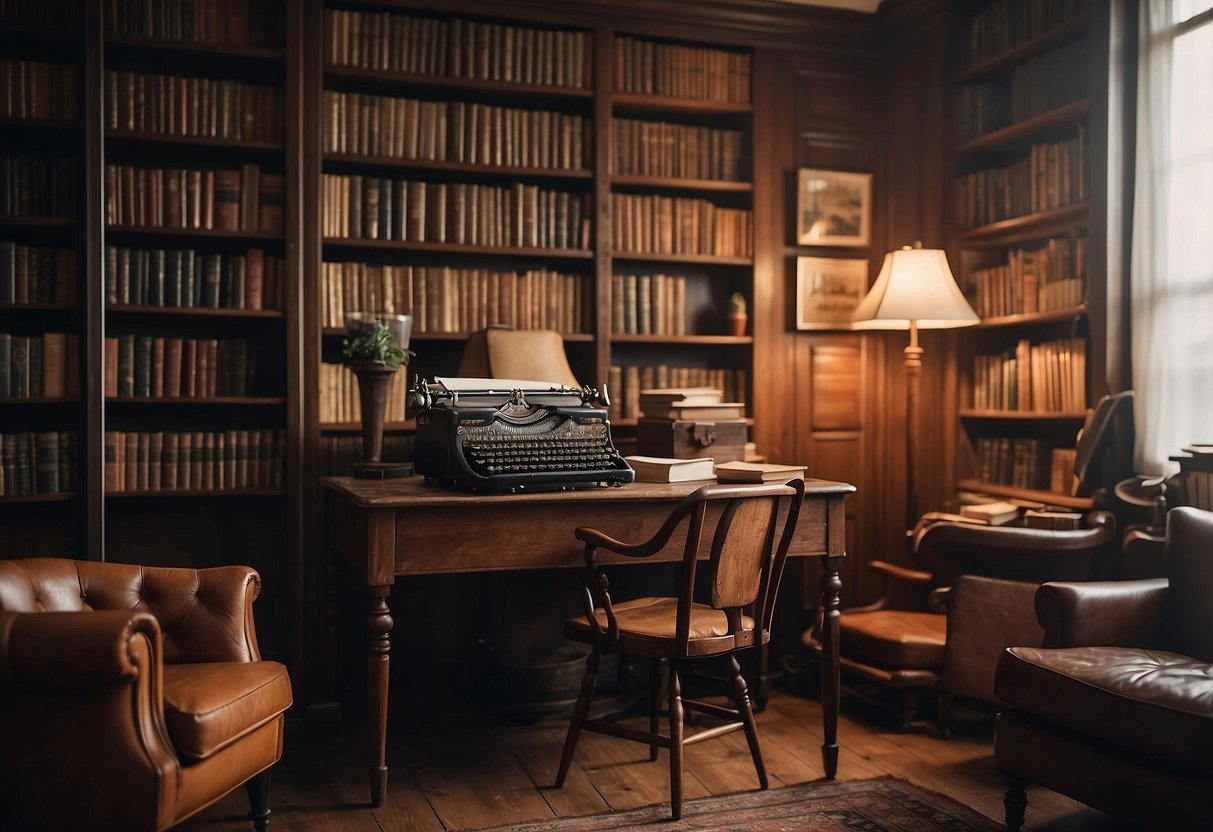 A cozy, well-lit room with a vintage writing desk, a typewriter, and a leather armchair. Books line the shelves, and a framed photo of Ernest Hemingway hangs on the wall