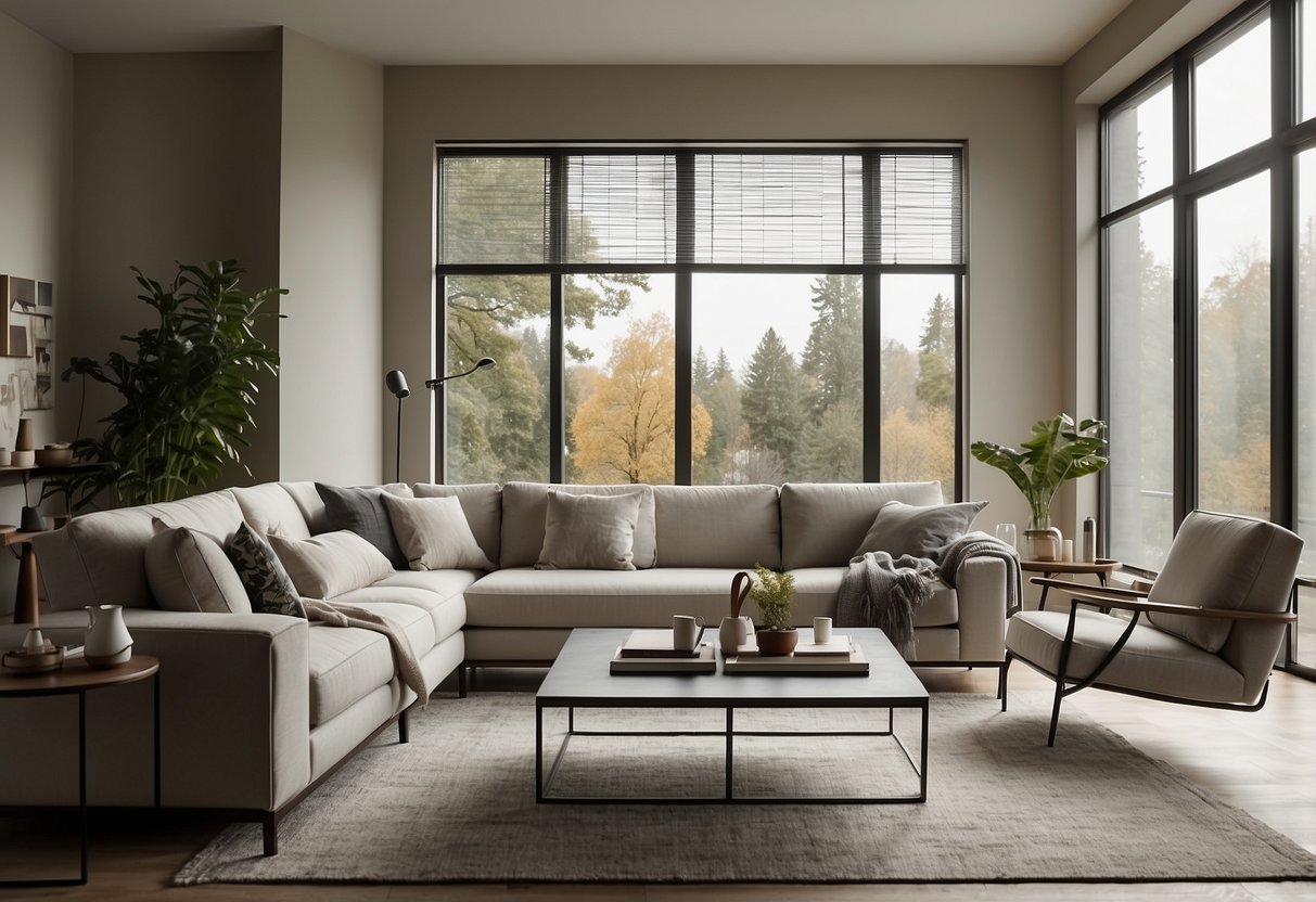 A modern living room with sleek Ezibuy furniture, featuring a minimalist sofa, coffee table, and floor lamp in a neutral color palette