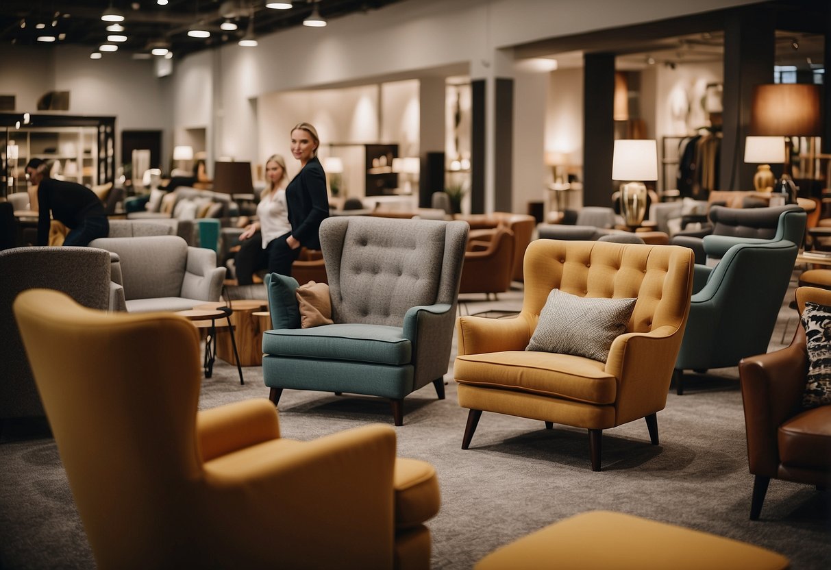 Customers browse rows of chairs, from sleek modern designs to classic upholstered options, at Furniture Mart