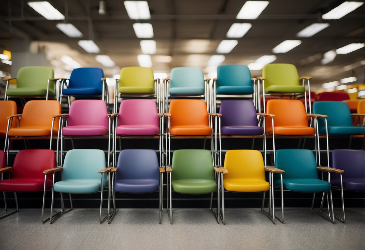 A row of colorful chairs arranged neatly in a spacious furniture mart, with a sign above that reads "Frequently Asked Questions."