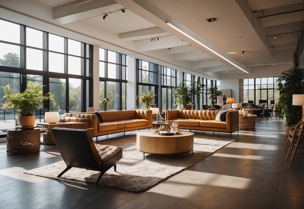 A bright, spacious showroom filled with modern and classic furniture pieces. Natural light streams in through large windows, illuminating the stylish displays