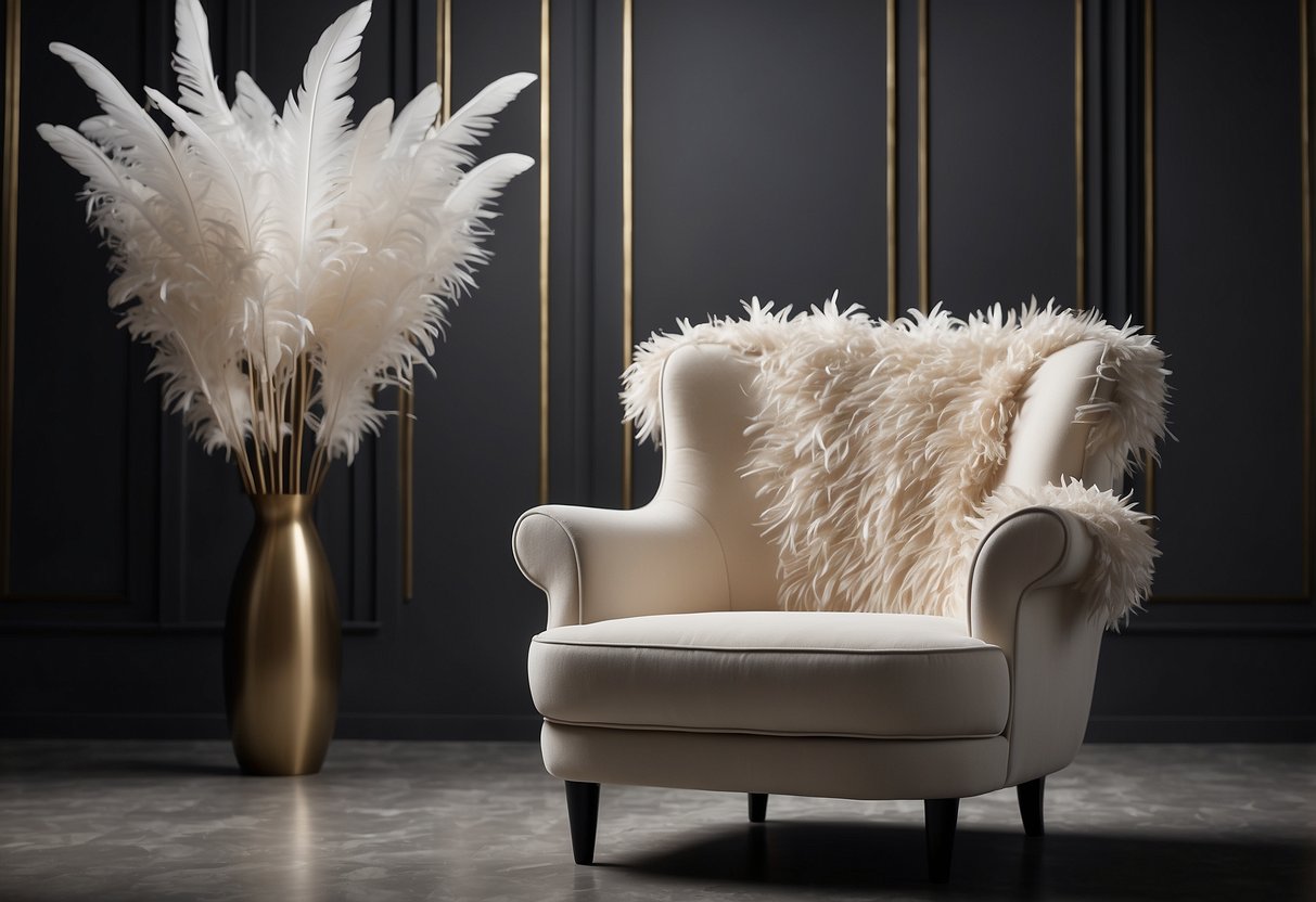 A sleek, modern armchair with a feather motif, surrounded by abstract feathers in various sizes and shapes