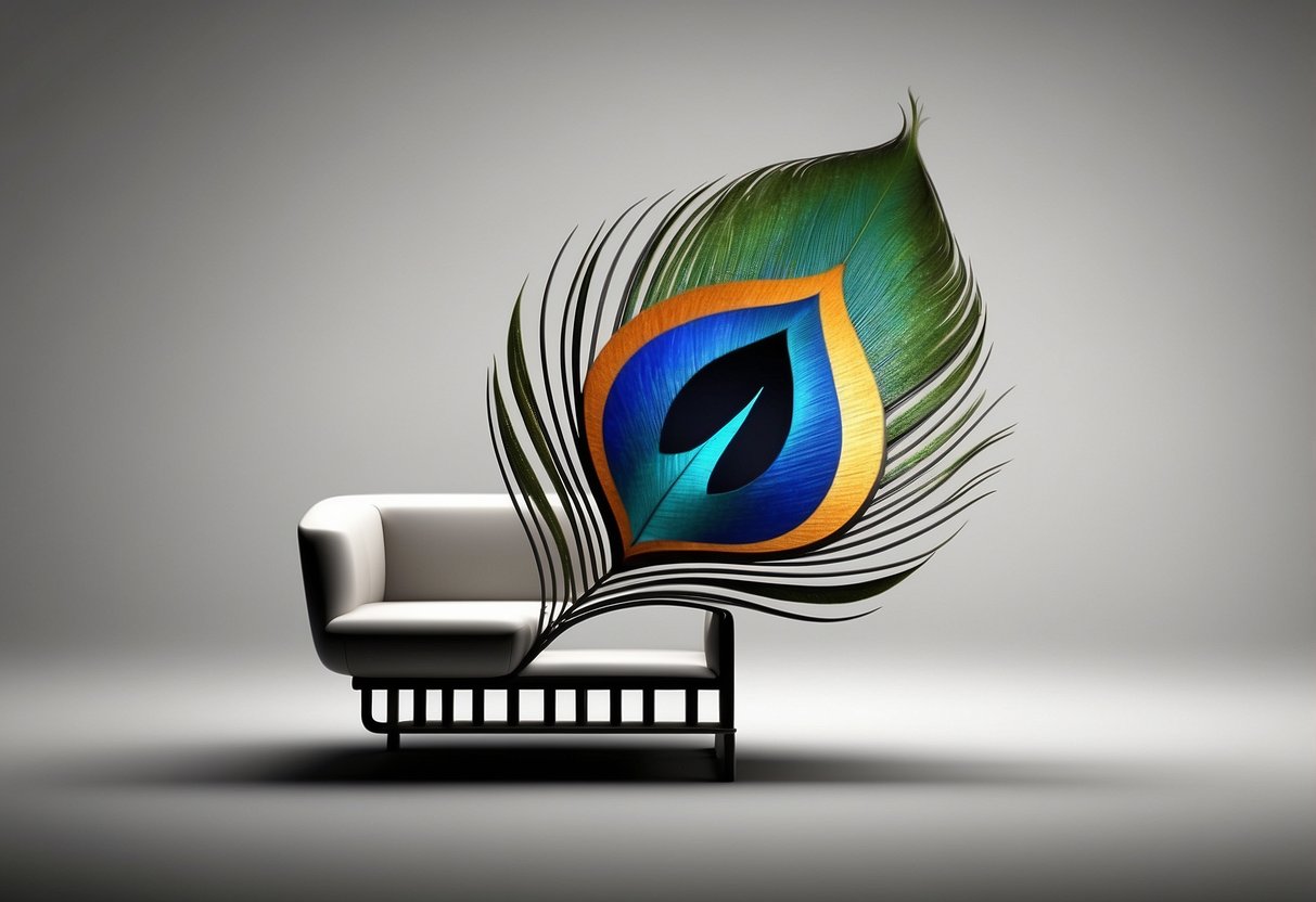 A colorful peacock feather intertwined with sleek furniture pieces, forming a unique and modern logo for Feather Furniture