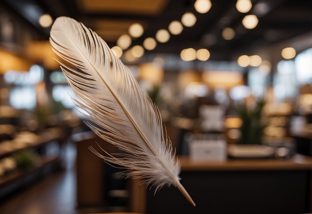 A feather furniture logo gracefully soaring above a bustling marketplace, catching the eye of potential customers and symbolizing growth