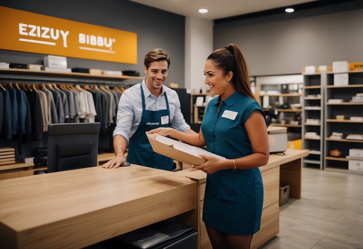 A customer service representative assists a client with furniture selection and delivery options at the ezibuy store