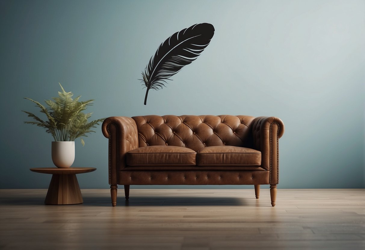 A feather floating above a stylish furniture logo, with a question mark hovering nearby